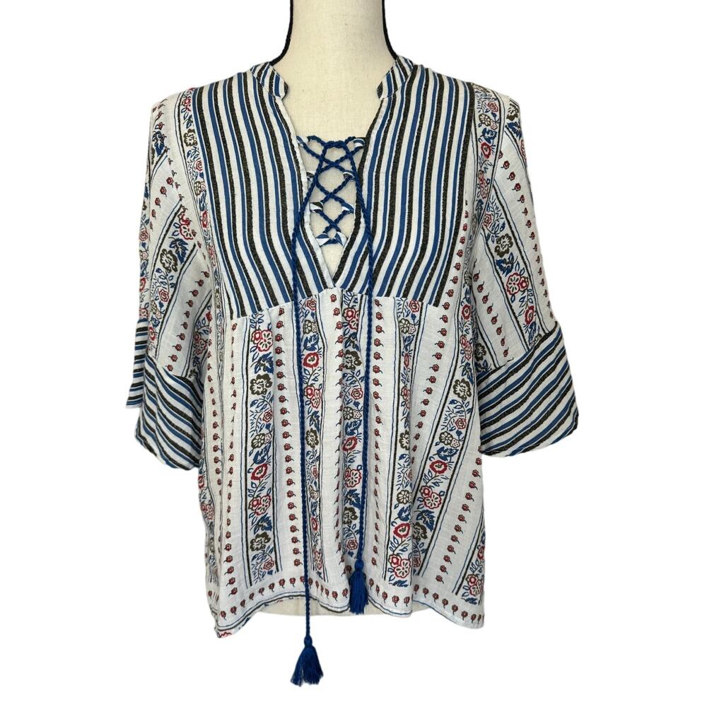 Addie Women's Tops Small Boho Flare Sleeve Loose Fit Floral V-Neck Cotton